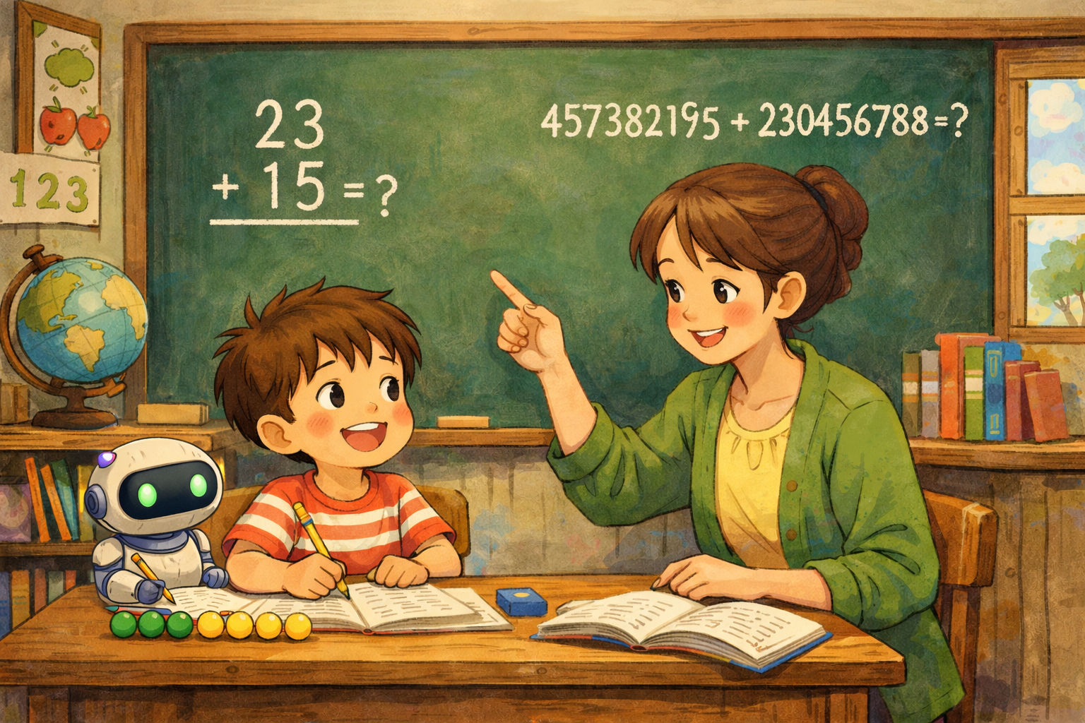 Teacher teaching addition to a child and tiny robot